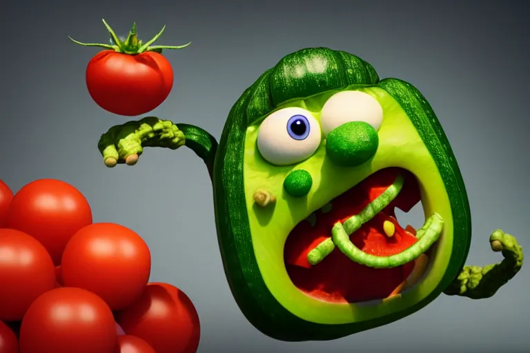 Prompt: detailed 3 d render of a mad zucchini character with arms and legs and a long sword chasing after a tomato character, hyper realistic octane render, cinematic lighting, wide angle, nightmare, adult pixar surrealism