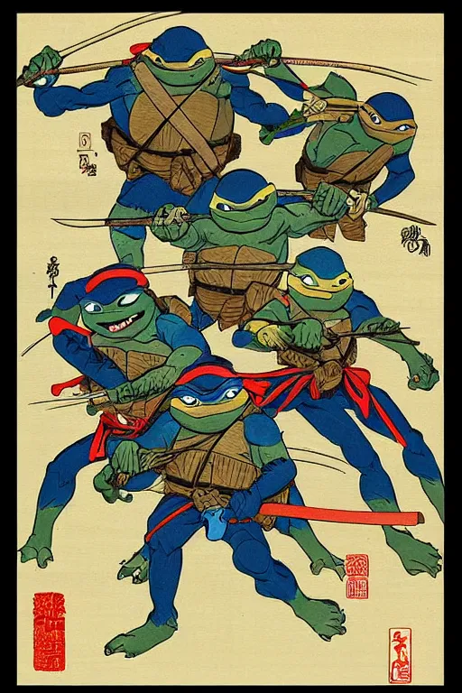 Prompt: Teenage Mutant Ninja Turtles in Japanese ukiyo-e ukiyo-ye woodblock print by Moronobu