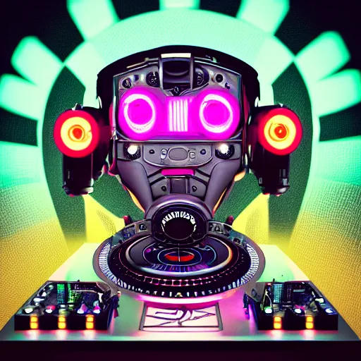 Image similar to album art for a famous dj, the album is called r. o. b. o. r. o. c. k. 3 dieselpunk robot heads with robot arms on a dj desk with a cd mixer, 8 k, fluorescent colors, halluzinogenic, multicolored, exaggerated detailed, front shot, 3 d render, octane