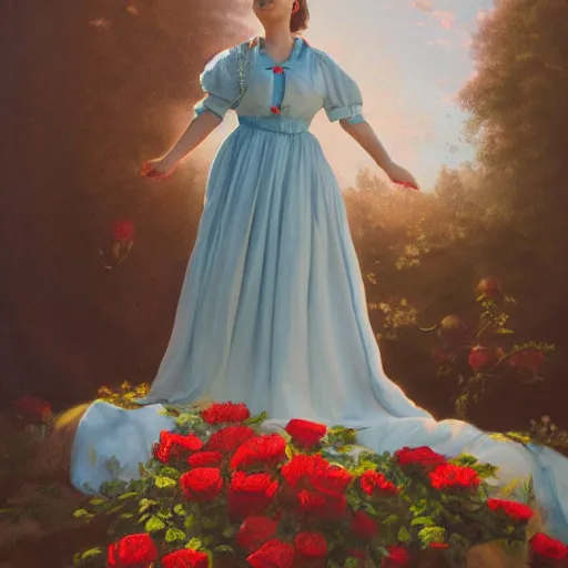 Image similar to a painting of a wonderful lady dressed with a large and decorate majestic roses cotton dress that is coming out from a ocean, dramatic light, octane--8k