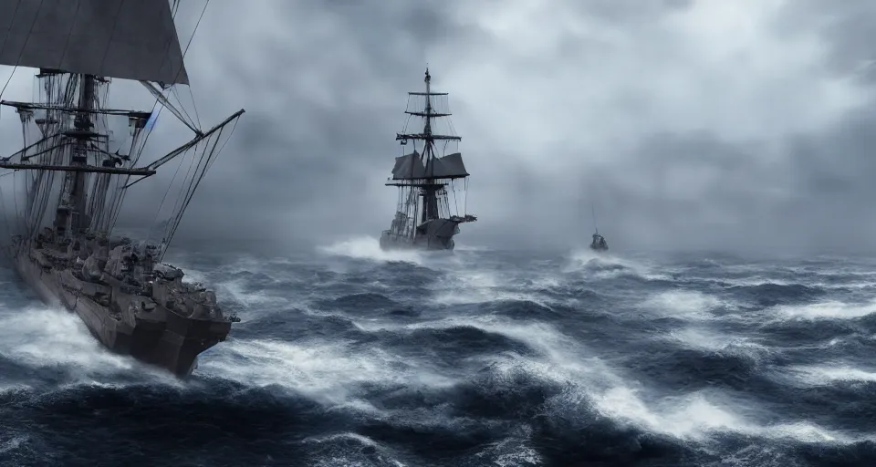 Prompt: battleship as tall as a mountain with huge sails, raging sea foggy, dramatic, action scene, stormy background, shipfleet on the horizon, high detail, unreal engine, octane render, 8 k high definition, photorealistic