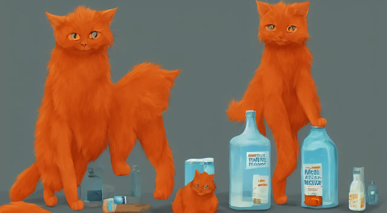 Prompt: a fluffy orange cat standing next to a bottle of medicine. animal. digital art. artstation. illustration. google image.