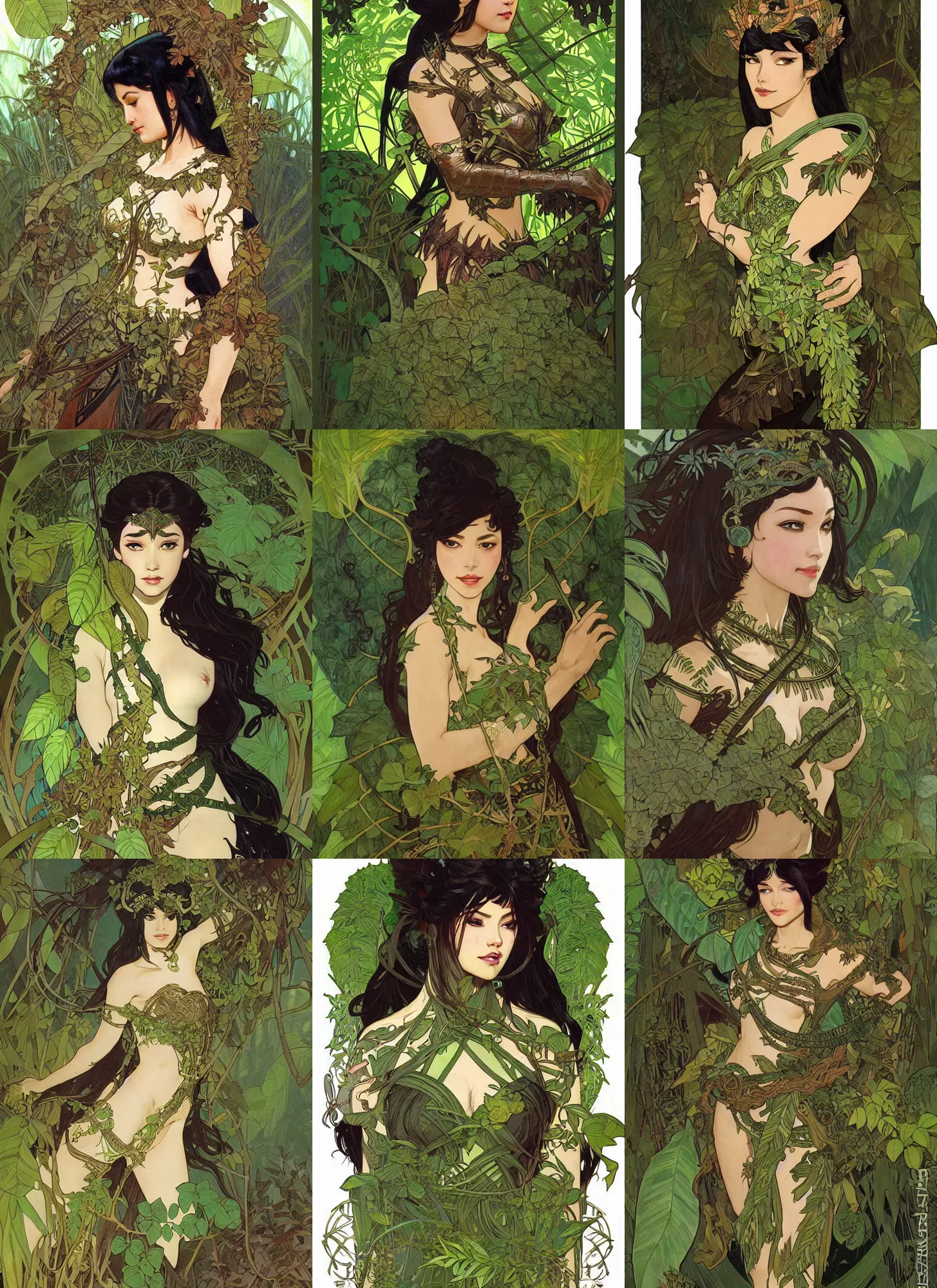 Prompt: jungle queen, armor made of leaves and vines, green, black hair, brown skin, high fantasy, dnd, smooth, sharp focus, illustration, by rossdraws, alphonse mucha, frank fanzzeta