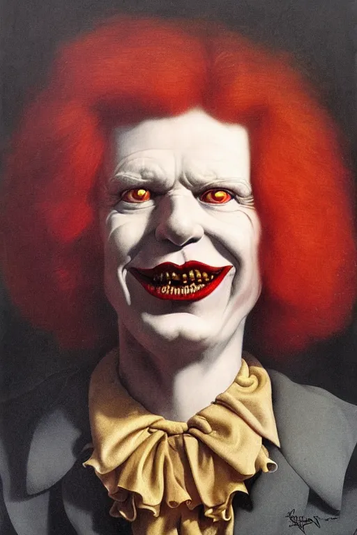 Image similar to portrait of ronald mcdonald in the style of wayne barlowe, gustav moreau, goward, bussiere, roberto ferri, santiago caruso, luis ricardo falero, austin osman spare