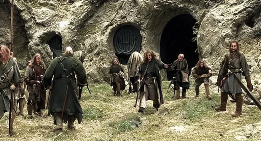 Prompt: screenshot from the fellowship of the ring when swat team fbi cia special forces raided a hobbit hole
