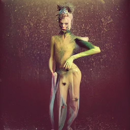 Image similar to damaged kodak portra 4 0 0, wetplate, photo of a surreal artsy dream scene,, very beautiful model, weird fashion, grotesque, extravagant dress, strange pose, carneval, with an animal, wtf, photographed by paolo roversi style