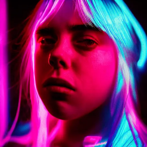 Image similar to beautiful portrait of amazing billie eilish in the street, explosion of neon lights, close up, 5 0 mm lens, model photography derailed realistic