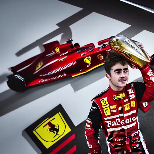 Image similar to charles leclerc, formula 1, lifting trophy, ferrari, dramatic lighting, photograph, widelens, 4 k, hdr