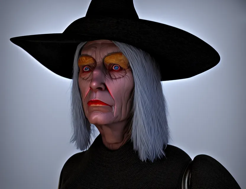 Prompt: cinematic bust portrait of robo face granny cyborg body, witch's hat on head, by jean giraud, 3 d, unreal engine