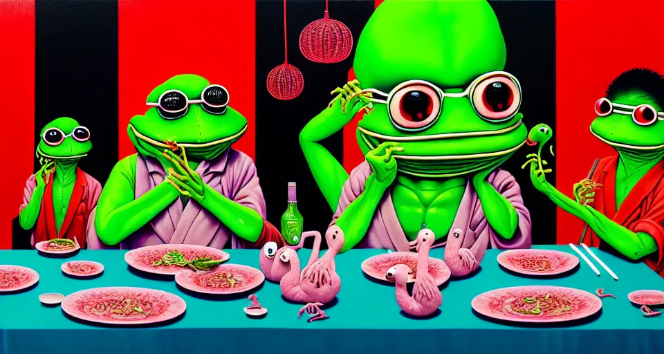 Prompt: hyper realistic detailed image of a criminal yakuza pepe the frog family in oriental clothes in an old italian restaurant feasting last supper eating alien brain salad and roasted flamingo dishes and drinking neon blue wine by Bel Fullana, Rhys Lee, Storm Thorgerson, and Beeple, neo expressionism, semi naive, rich deep colors, cinematic. Allison Schulnik painting, part by Adrian Ghenie and Gottfried Helnwein. art by Ron Mueck. masterpiece