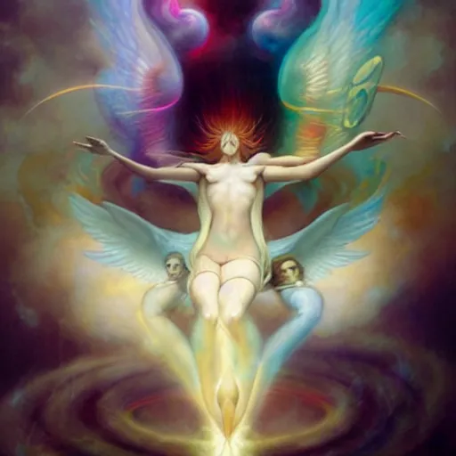 Prompt: psychedelic angelic celestial being artwork of peter mohrbacher, by henry fuseli, ayahuasca, energy body, sacred geometry, esoteric art, rainbow colors, realist, abstract and surreal art styles with anime and cartoon influences divinity