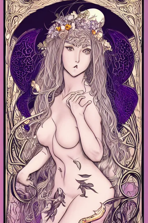 Prompt: Art Nouveau Lilith, Queen of the moon and serpents, Lush Garden Leaves and Flowers, Sensual glowing white Angelic occult esoteric woman in a manga cover style, full body image centered in frame, headshot, D&D, fantasy, highly detailed, digital painting, artstation, concept art, sharp focus, illustration, art by artgerm and greg rutkowski and alphonse mucha