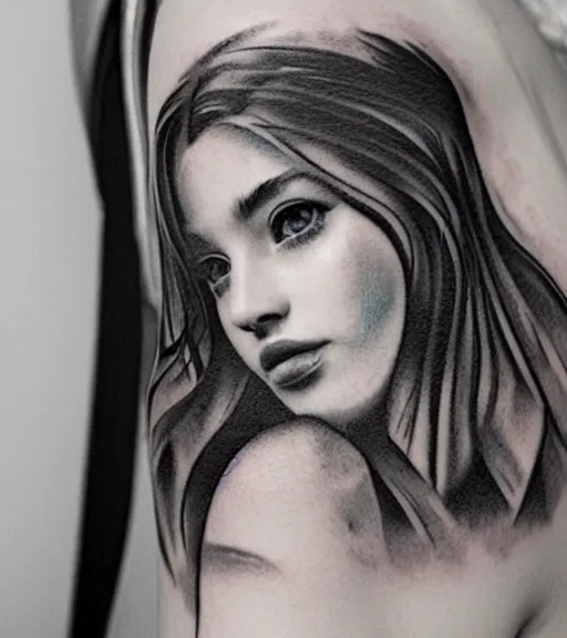 Image similar to tattoo design sketch of a beautiful girl portrait and a faded mountain background, in the style of den yakovlev, black and white, realism tattoo, hyper realistic, highly detailed