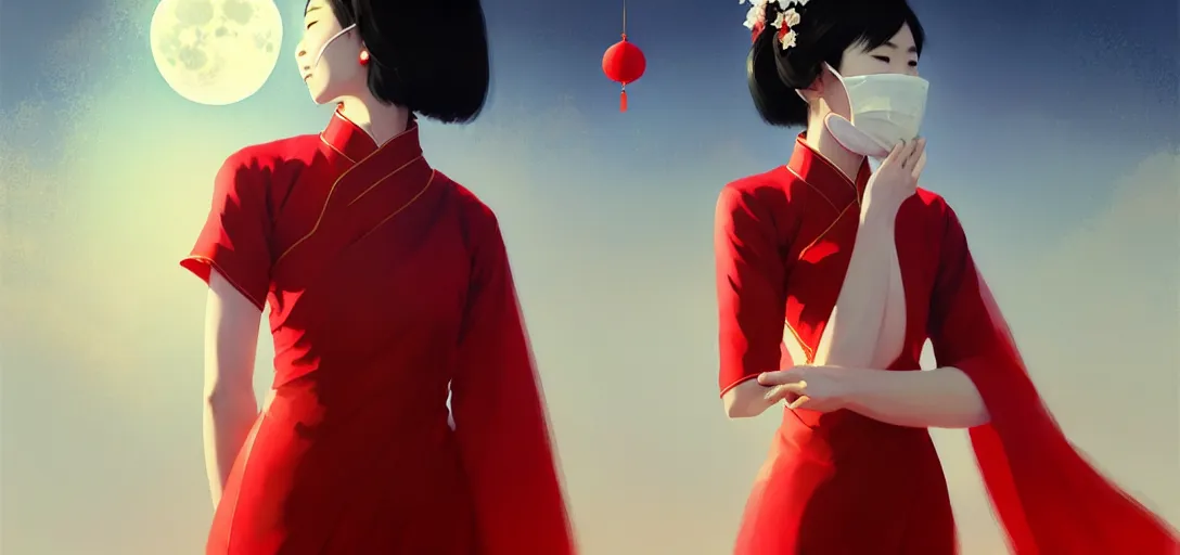 Image similar to vietnamese female with white cloth mask wearing traditional red ao dai, full moon on the sky, digital illustration by ruan jia, a ultra detailed beautiful panting by ilya kuvshinov, greg rutkowski and makoto shinkai, trending on artstation