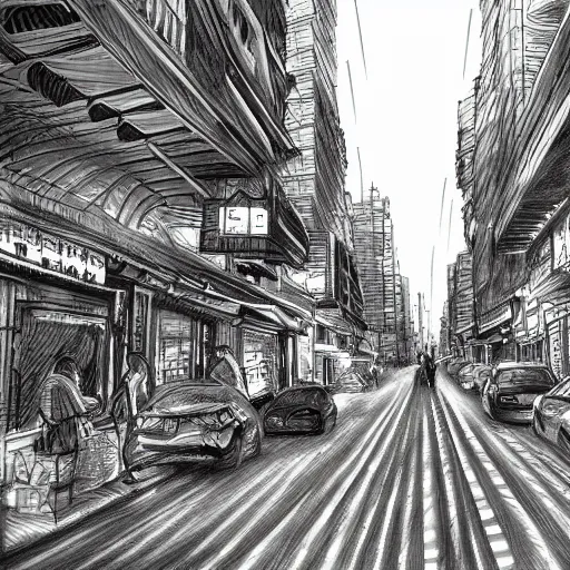 Image similar to High detailed sketch of korean city street, pencil drawing, black and white, artstation, extreme detail