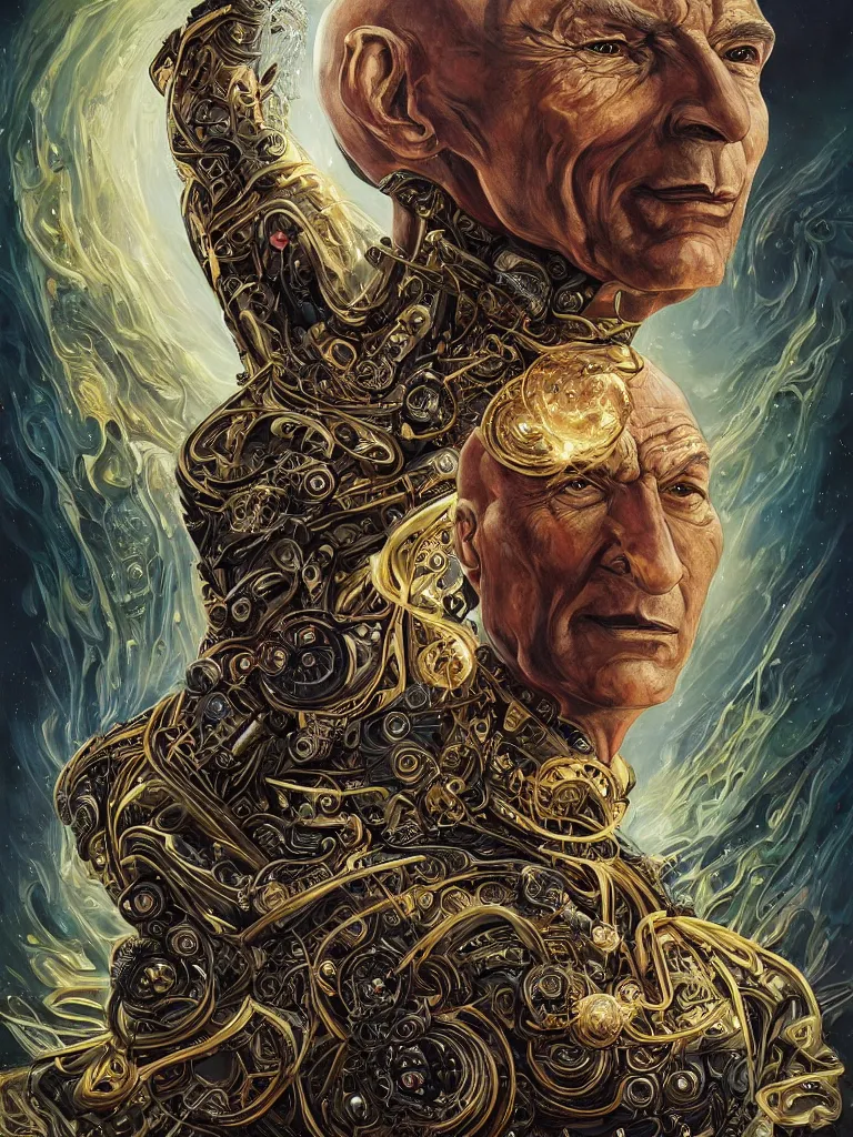 Prompt: fullbody portrait. very complex hyper-maximalist overdetailed cinematic cosmic scifi portrait of an elegant very attractive Captain Picard of the universe by andrei riabovitchev, tomasz alen kopera, oleksandra shchaslyva and peter morbacher. Extremely ornated and decorative. Fancy luxury beautiful. Omnious intricate. Secessionist portrait illustration. Goddess of the sky. Focus on face. Artstation. Deviantart. 8k 4k 64megapixel. Rendered by binx.ly.