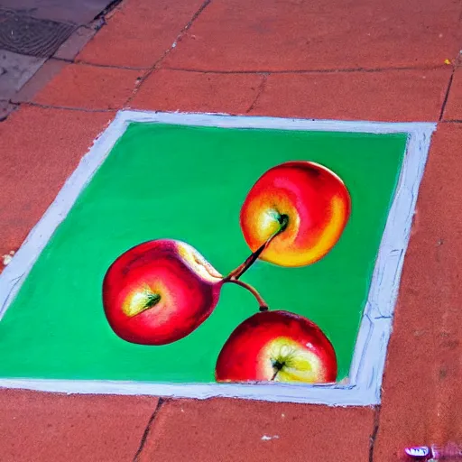 Image similar to a painting of an apple on the sidewalk on the street of marrakesh