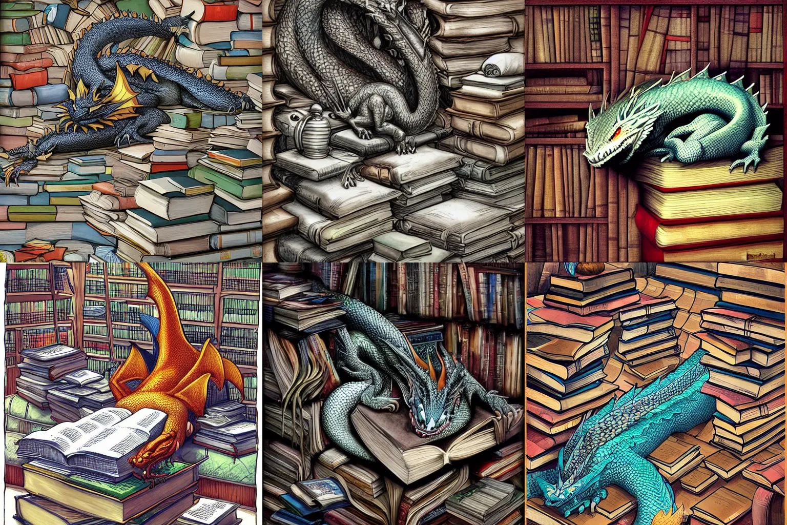Prompt: A huge dragon sleeping on a hoard of books, by Randy Vargas