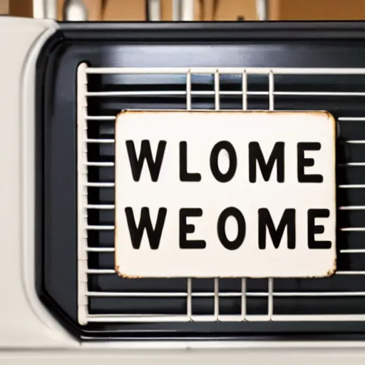 Image similar to a sign that says'welcome'in front of an oven