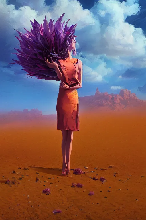 Image similar to closeup, giant flower head, girl in desert, surreal photography, wind and cold, dramatic sky, impressionist painting, digital painting, artstation, simon stalenhag