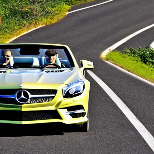 Image similar to Mercedes SL convertible top down driving along a road in Hawaii towards a tall mountain