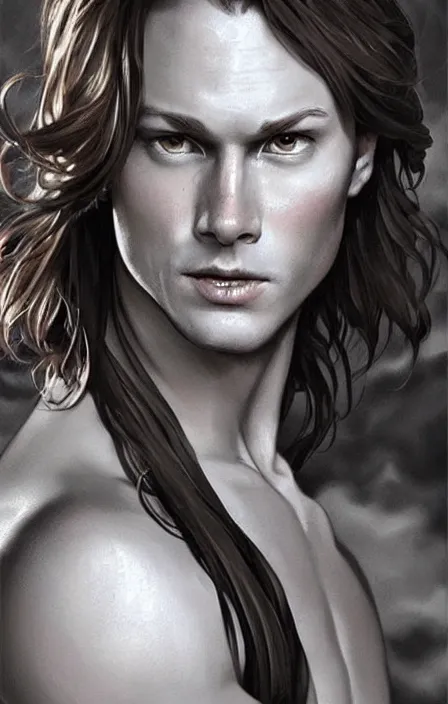 Image similar to pretty muscular sam winchester as a character in romance book art design, character concept, sharp focus!, ultra detailed, art by artgerm alphonse mucha, wlop