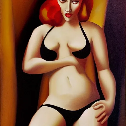 Image similar to painting of Scarlett Johansson bathing, style of Tamara de Lempicka