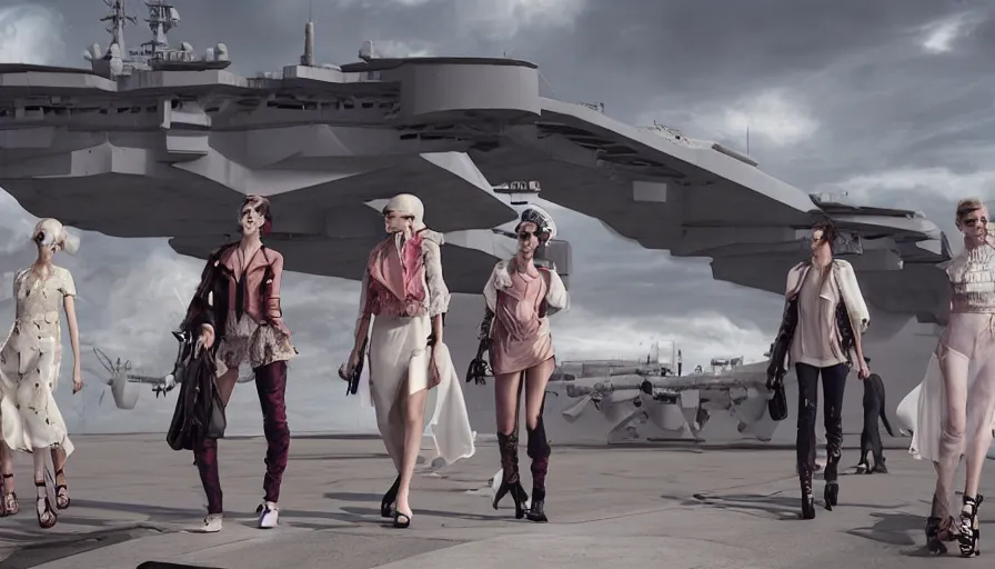 Image similar to A fashion Catwalk on an aircraft carrier, Fashion Photography, Concept Art, Octane, Redshift, High Detail