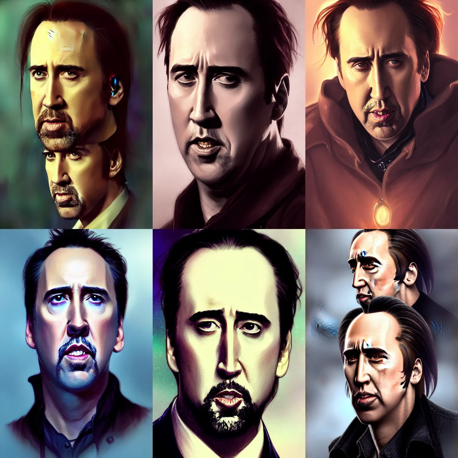 Prompt: portrait nicholas cage playing every character in Twilight, looking at camera, intricate, elegant, stylish, fantasy, extremely detailed, digital painting, artstation, concept art, smooth, sharp focus, illustration, stunning lighting, art by artgerm and greg rutkowski and alphonse mucha and simon stalenhag