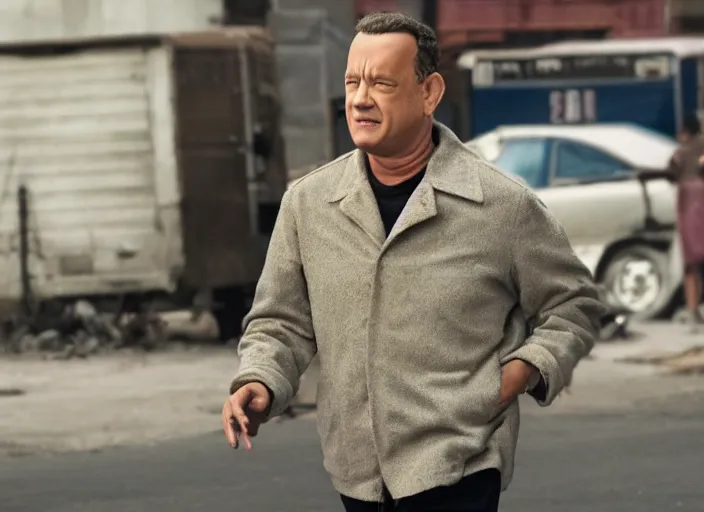 Image similar to film still of Tom Hanks roaming the dirty streets in the new Deathwish, 4k