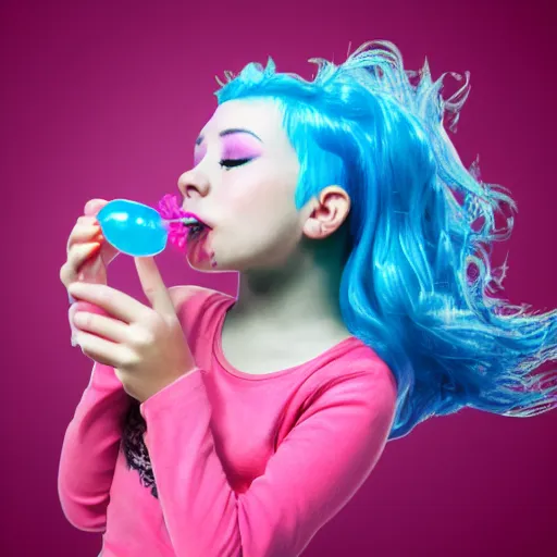 Image similar to girl with blue hair blowing a pink bubble. graphic design