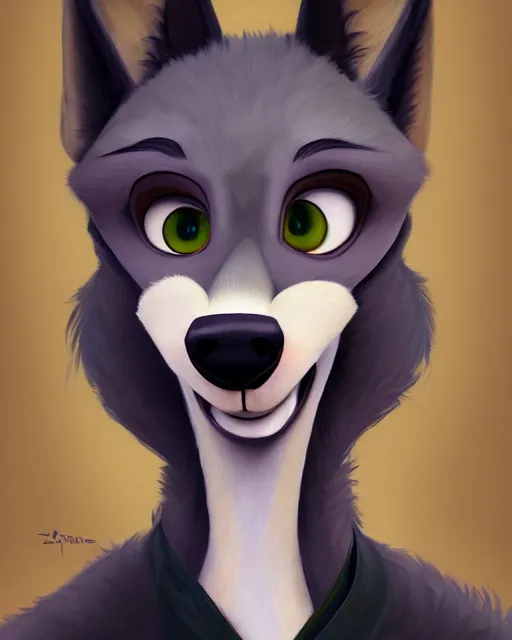 Prompt: oil painting of anthromorphic female wolf, in style of cory loftis, female fursona, furry, furaffinity, 4 k, deviantart, furry art, fursona art, wearing black business suit, business suit, in style of zootopia, wolf fursona, cyberpunk, female, very expressive detailed feminine face,