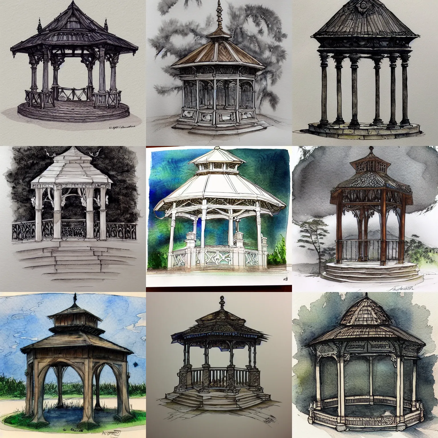 Prompt: beautiful aesthetic inspirational masterful professional ink pen and watercolor sketch of a fantasy gazebo, ultra detailed, fine details, trending on artstation, high quality paper