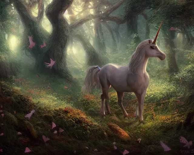 Image similar to fine art painting of a unicorn in a magical forest, artstation, cgsociety, very detailed, intricate