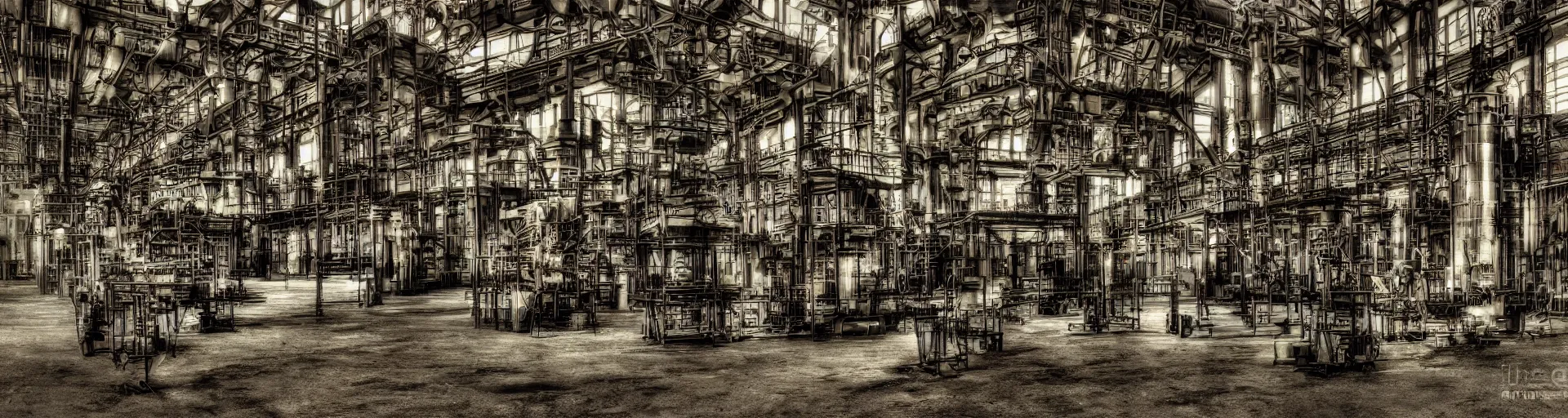 Image similar to an industrial age steam engine factory, color photography, digital art