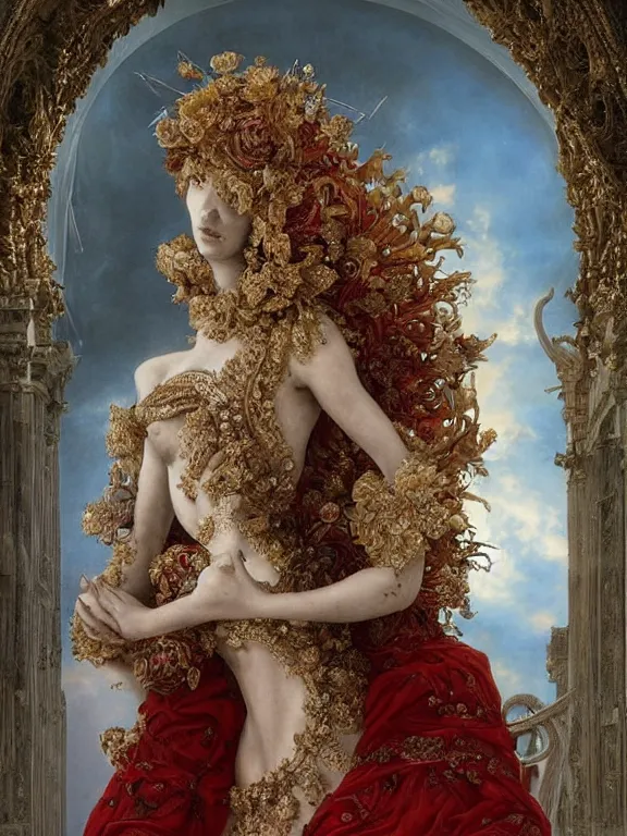 Prompt: a beautiful render of baroque catholic veiled the red queen and the white queen sculpture with symmetry intricate detailed,gemstone-embellished,by Lawrence Alma-Tadema, peter gric,aaron horkey,Billelis,trending on pinterest,hyperreal,jewelry,gold,intricate,maximalist,glittering,golden ratio,cinematic lighting