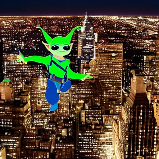 Prompt: baby yoda skydiving onto new York city at night