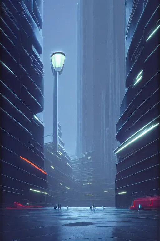 Prompt: emissary futuristic downtown with red street lamps, windows lit, marble, by tim blandin and arthur haas and bruce pennington and john schoenherr, cinematic matte painting, zaha hadid building, photo realism, dark moody color palate, blue hour stars, desolate glacial landscape,