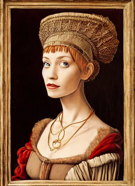 Image similar to portrait of young woman in renaissance dress and renaissance headdress, style by the fifth element