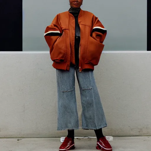 Image similar to realistic photoshooting for a new ssense lookbook color film photography portrait of a beautiful woman model wearing a workwear jacket, photo in style of tyler mitchell