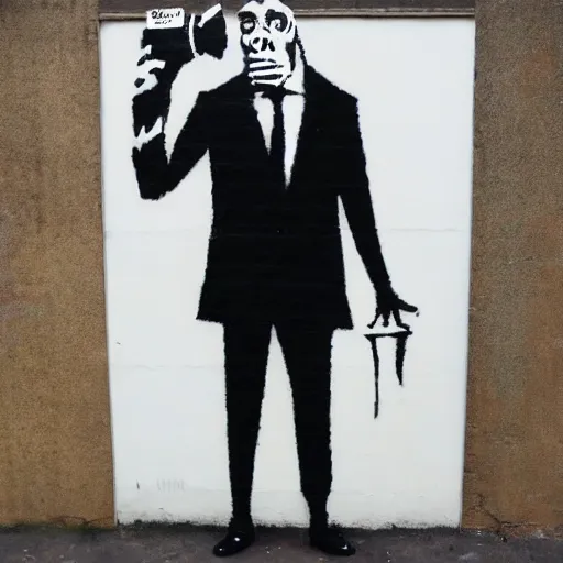 Image similar to Graffiti by Banksy of an ape in a suit drinking champagne