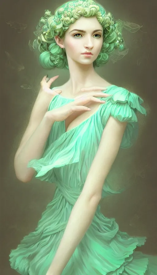 Image similar to Portrait of dreamy and ethereal women with light green eyes wearing mint green ornate frilly dress, peaceful expression, fantasy, intricate, elegant, beautiful, digital art, beautiful dynamic lighting, golden ratio, highly detailed, digital painting, trending on artstation, concept art, smooth, sharp focus, illustration, photo realistic, art by artgerm and greg rutkowski and alphonse mucha 8K