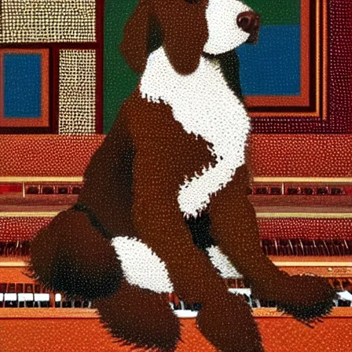 Prompt: a brown spaniel with a white chest , sat down playing a piano. Fine art, geometric, pointillism, lightning,Artwork. no text