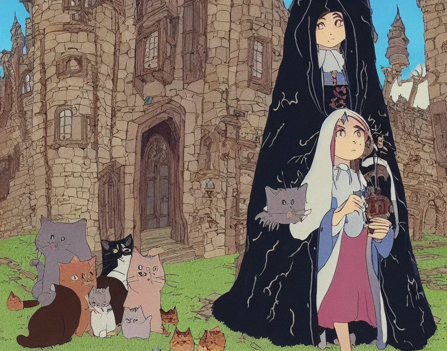 Image similar to a cute old witch queen wearing a heavily embroidered velvet cloak, surrounded by fluffy cats, in a old medieval castle, by hayao miyazaki, studio ghibli, anime masterpiece, sharp, wide angle shot, head to toe, standing pose, feet on the ground