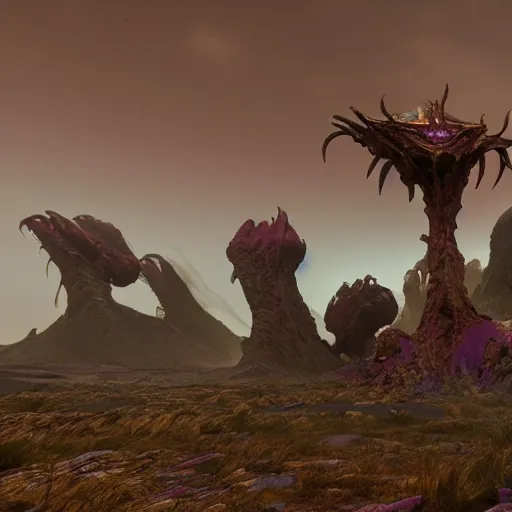 Image similar to a grotesque alien landscape, purple sky and weird alien structures, cinematic, unreal engine 5