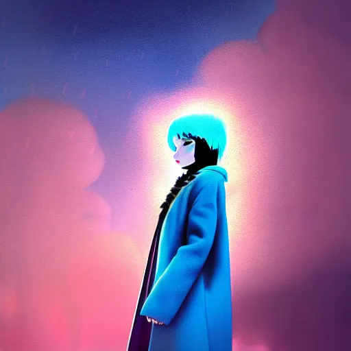 Image similar to frozen rain floating around a flying girl with long sky blue hair, low - angle shot from behind, blue coat, fur scarf, ultra fine detail, dark theme, realistic painting, photography, psychedelic, film still, cinematic, wlop, ilya kuvshinov, ismail inceoglu,