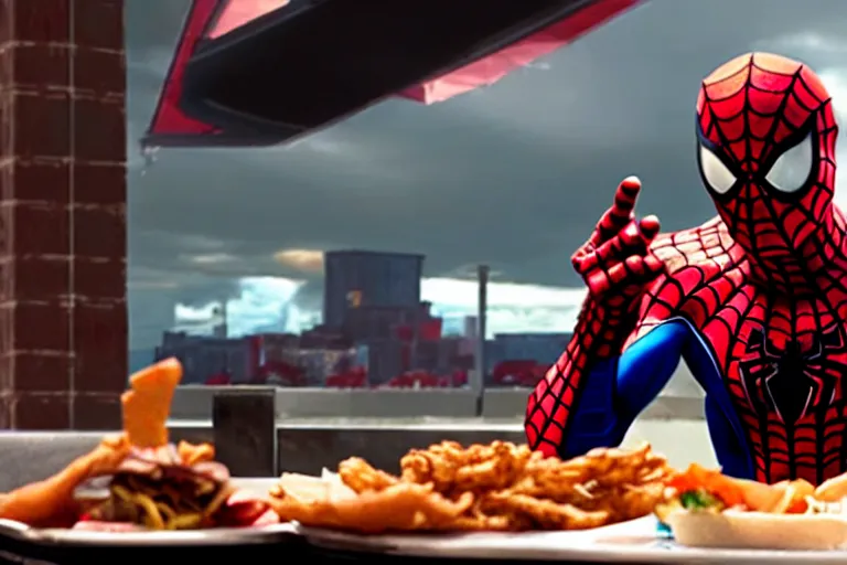 Image similar to cinematic still of spiderman eating greasy food from arby's restaurant