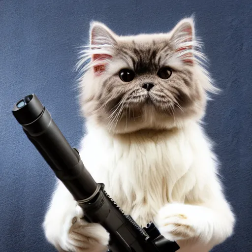 Image similar to persian cat holding a bazooka gun, photo, 4 k, hyper realistic,