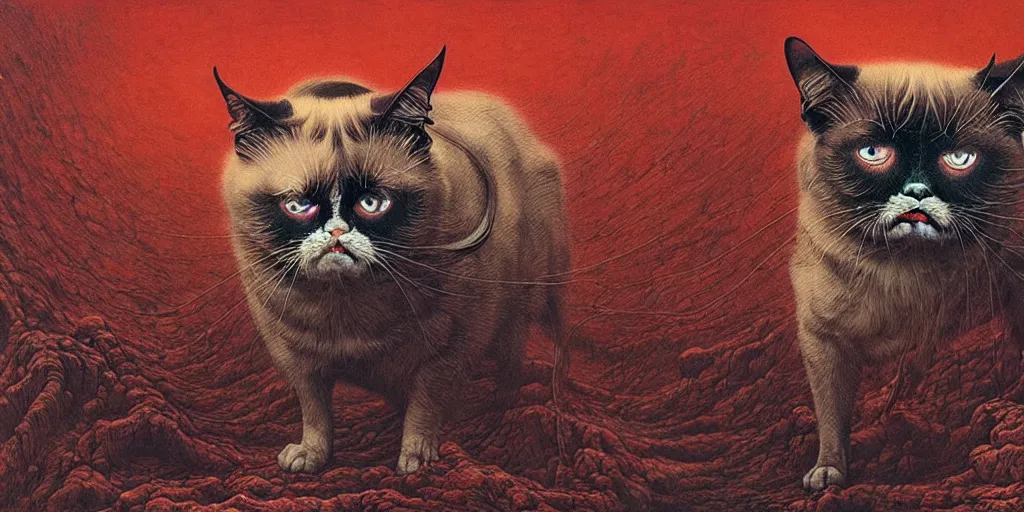 Prompt: a spirit of grumpy cat, red lake, рhighly detailed, holland angle, art by Ayami Kojima, Beksinski, Giger