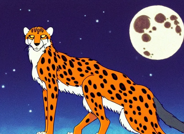 Image similar to a still from a studio ghibli movie of a cartoon cheetah from princess mononoke ( 1 9 9 7 ), in front of a pale full moon, full body, wide shot, very dull muted colors, studio ghibli, highly detailed, deviantart, art by artgem